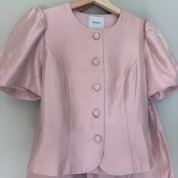 NEW Reformation Mika Two Piece Skirt Set Bubblegum Pink Sheen | US 4 UK 8 - Picture 8 of 16